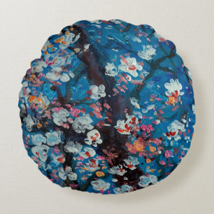 Art oil painting, cherry blossom flower, abstract, round cushion