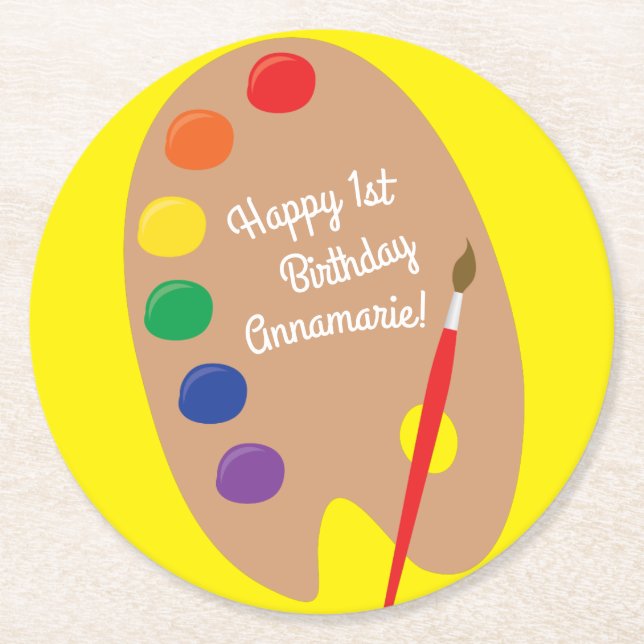 Art Paint Palette Cute Kid's Birthday Party Round Paper Coaster (Front)