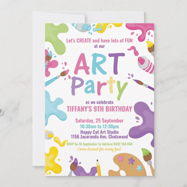 Art Party Birthday Colourful Rainbow Paint Girl Invitation (Front)