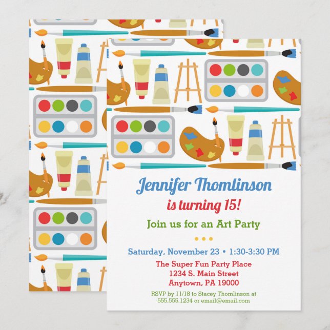 Art Party Birthday Invitation Painting Arts Crafts (Front/Back)