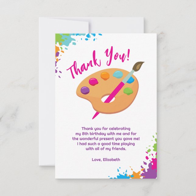 Art Party Craft Painting Girly Birthday Party Thank You Card (Front)