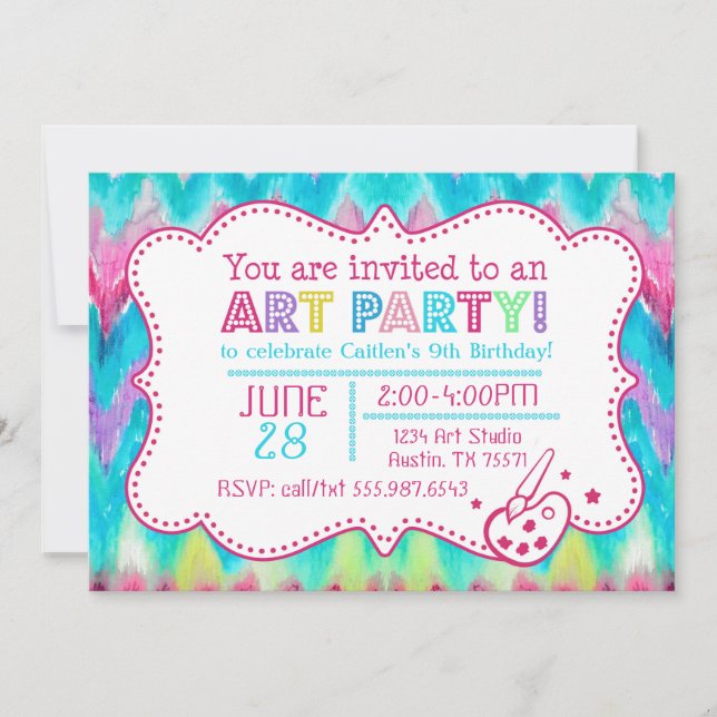 Art Party Invitation Watercolor iKat Chevron (Front)