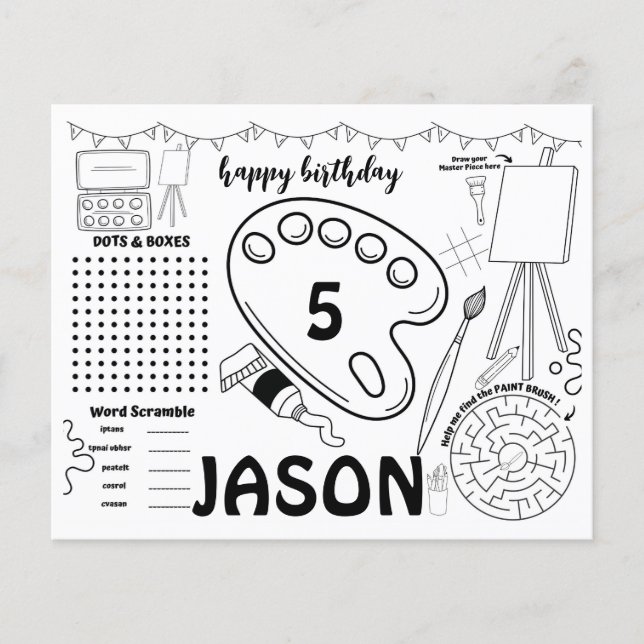 Art party placemats, art activity coloring page (Front)