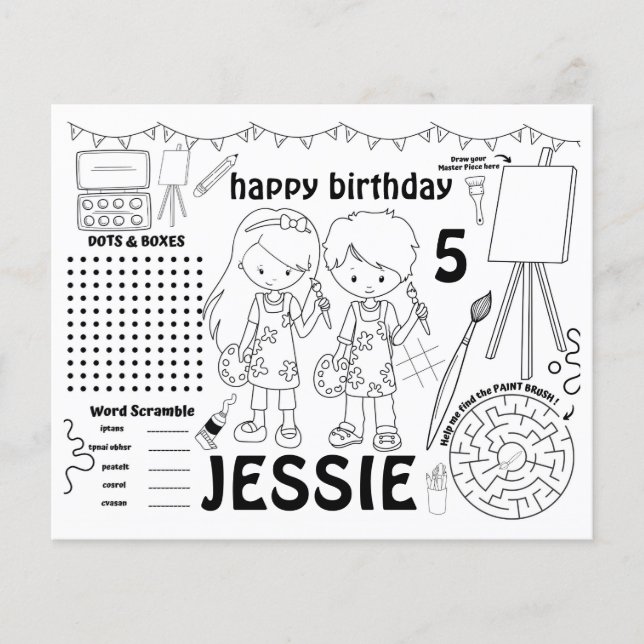 Art party placemats, art activity & colouring shee (Front)