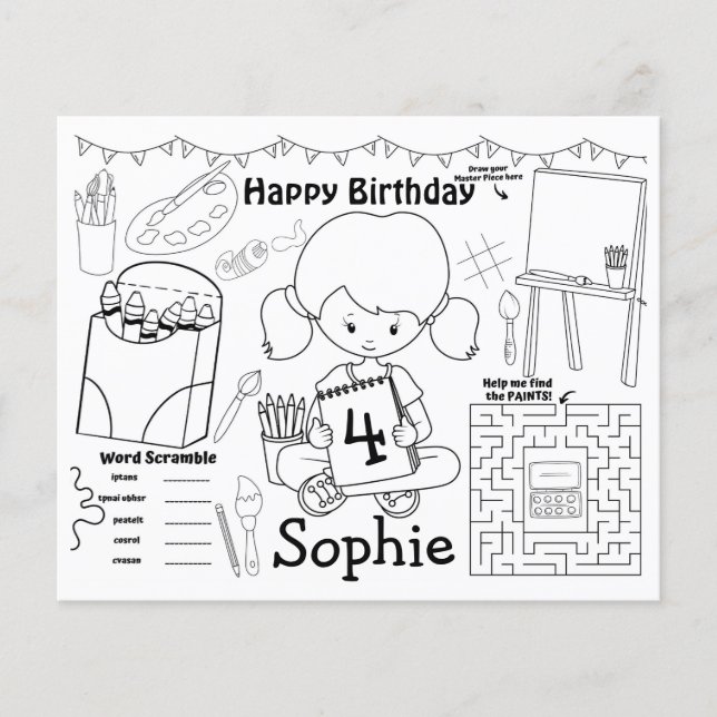 Art placemats, art birthday coloring & activity  (Front)