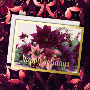Art Poinsettia Arrangement Burgundy Purple Peach Foil Holiday Card