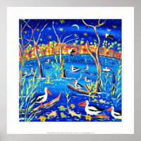 Art Print: Banrock Station Pelicans, Gums, Moon