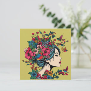 Art Print Card Women In Fall With Red Berries