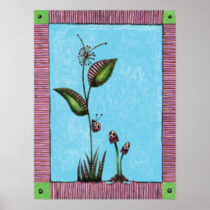 Art Print, Flower Ladybug Mushrooms Poster
