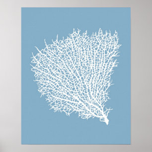 Art print of white coral fan on light blue