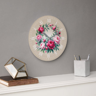 Art Print Watercolor Peonies Wreath Large Clock