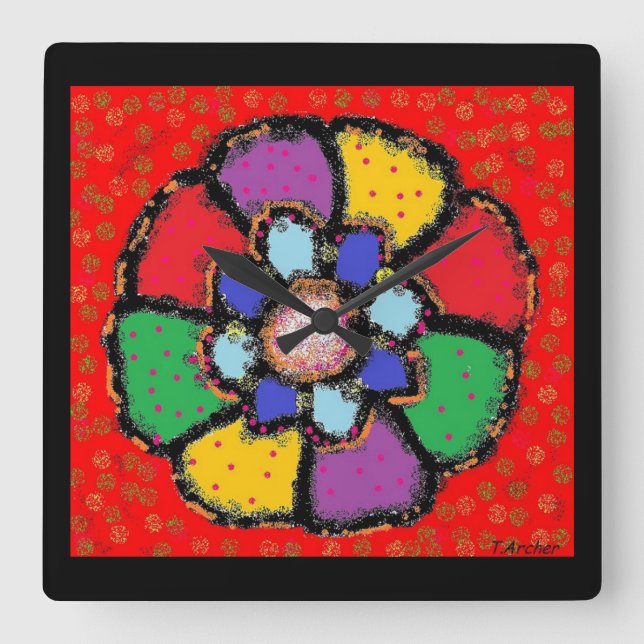 Art red petals abstract flower design mixed colour square wall clock (Front)