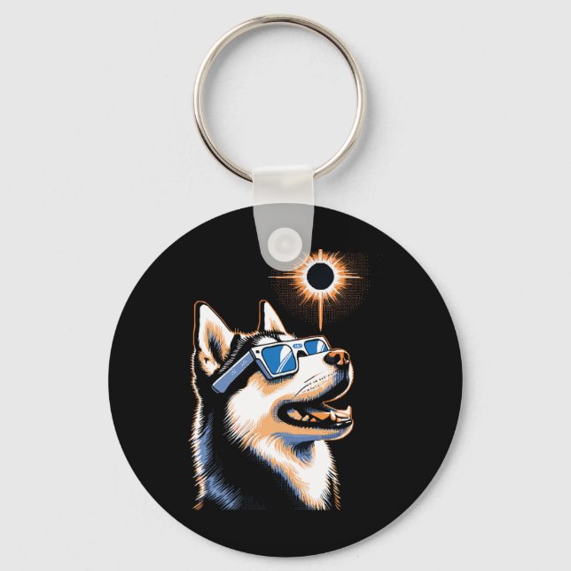 Art Solar Eclipse Husky Dog Wearing Eclips Glasses Key Ring (Front)