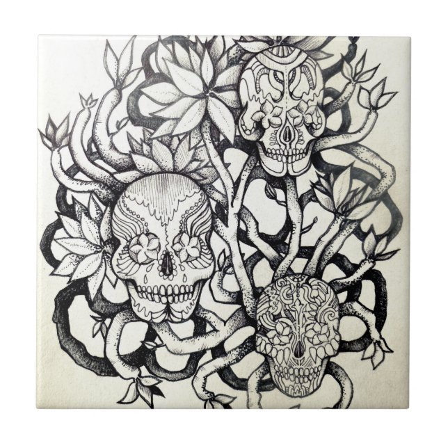 art tattoo skull drawing art tree root picture tile (Front)