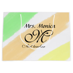 Art teacher yellow green watercolor stripes name large gift bag