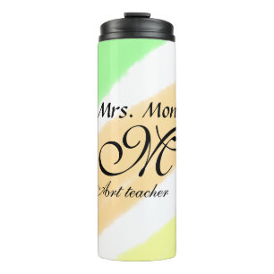 Art teacher yellow green watercolor stripes name thermal tumbler