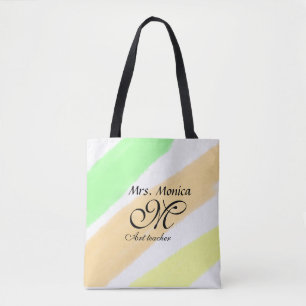 Art teacher yellow green watercolor stripes name tote bag