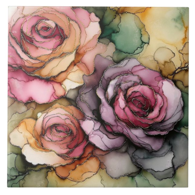 Art tile, alcohol ink art, roses, modern floral tile (Front)