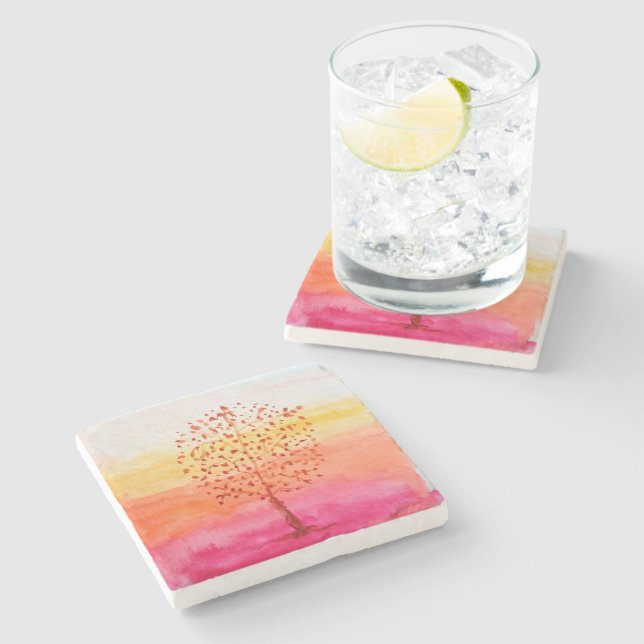 Art Tree Sunset Watercolor Hand Painted Stone Coaster (Side)