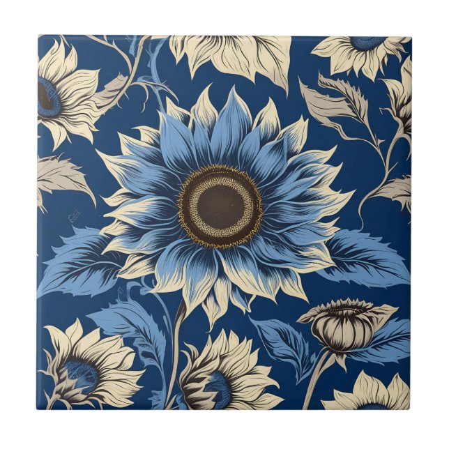 Art vintage blue sunflower pattern tile (Front)