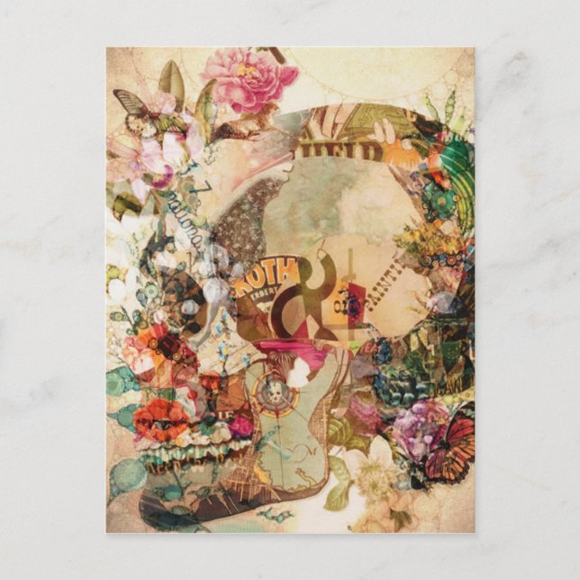 Art Vintage Sugar Skull Flowers Holiday Postcard (Front)