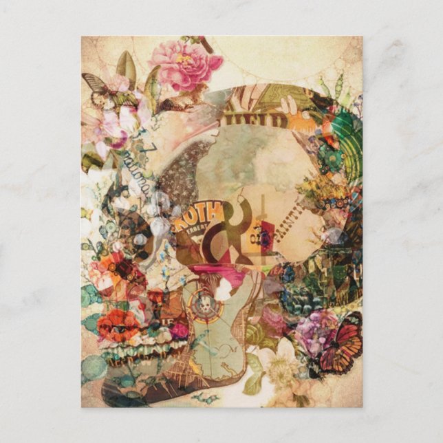 Art Vintage Sugar Skull Flowers Holiday Postcard (Front)