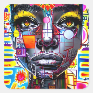  Art  Woman Face Colourful  Square Sticker