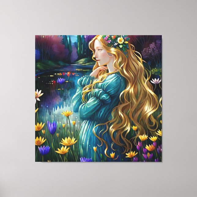 *~  Art Woman Waterfall Pond Wild Flowers AP56  Canvas Print (Front)