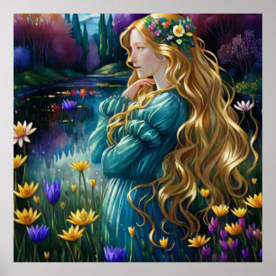*~  Art Woman Waterfall Pond Wild Flowers AP56  Poster