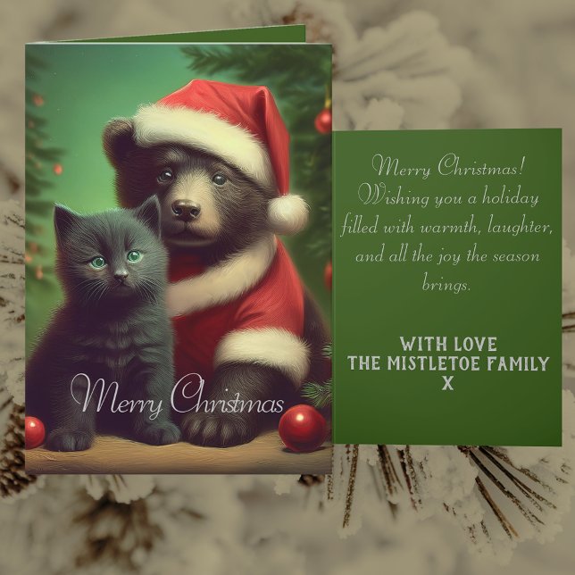 Artan & Pip | Whimsical Bear & Kitten Christmas Holiday Card (A vintage style victorian inspired Santa hat bear Father Christmas Black Cat family holiday card)