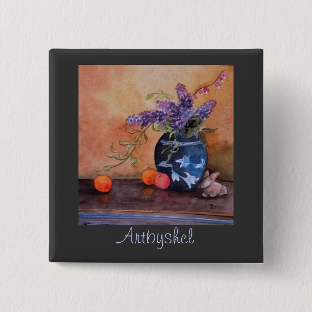 Artbyshel lilacs and bunnies 15 cm square badge (Front)