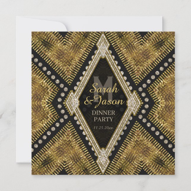 ArtDeco Gold+Black Leather Dinner Party Invitation (Front)