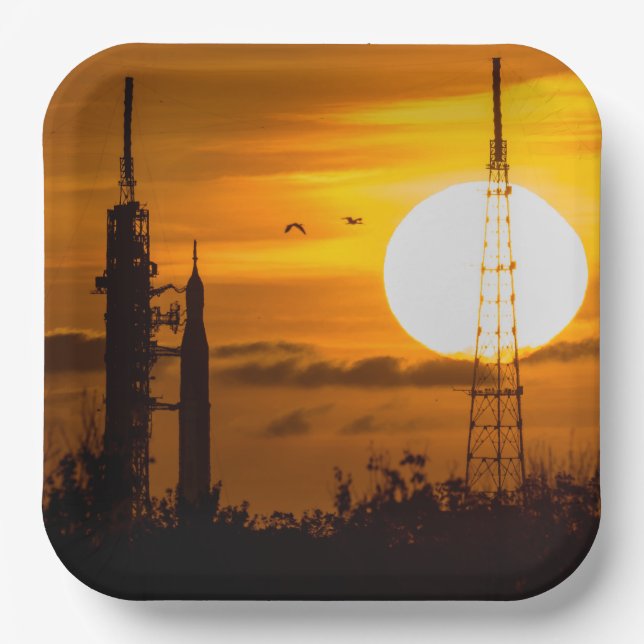Artemis Moon Rocket at Dawn Paper Plate (Front)