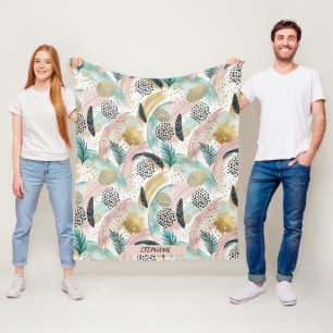 Artful Botanical Brushstroke & Gold Abstract Fleece Blanket