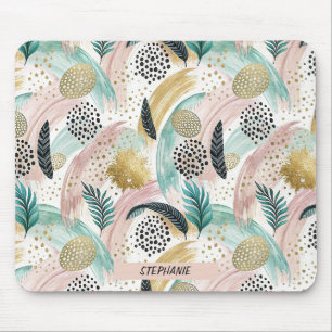 Artful Botanical Brushstroke & Gold Abstract Mouse Mat