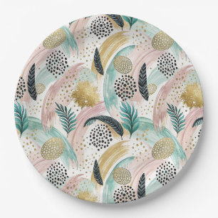 Artful Botanical Brushstroke & Gold Abstract Paper Plate