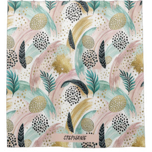 Artful Botanical Brushstroke & Gold Abstract Shower Curtain