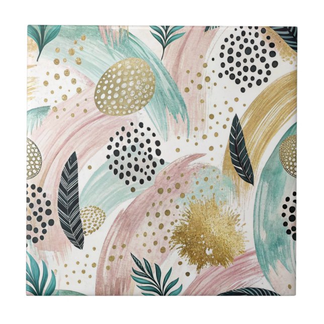 Artful Botanical Brushstroke & Gold Abstract Tile (Front)