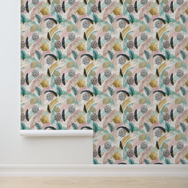 Artful Botanical Brushstroke & Gold Abstract Wallpaper (Application)