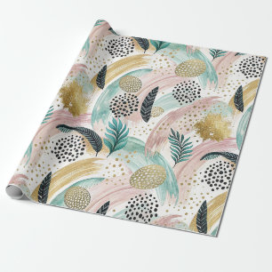 Artful Botanical Brushstroke & Gold Abstract Wrapping Paper