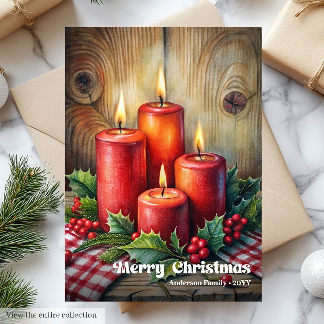 Artful Christmas candles vintage holly berry card (Artful Christmas bells vintage holly berries card)