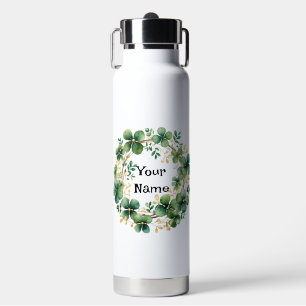 Artful Green Watercolor Clover Weath Water Bottle
