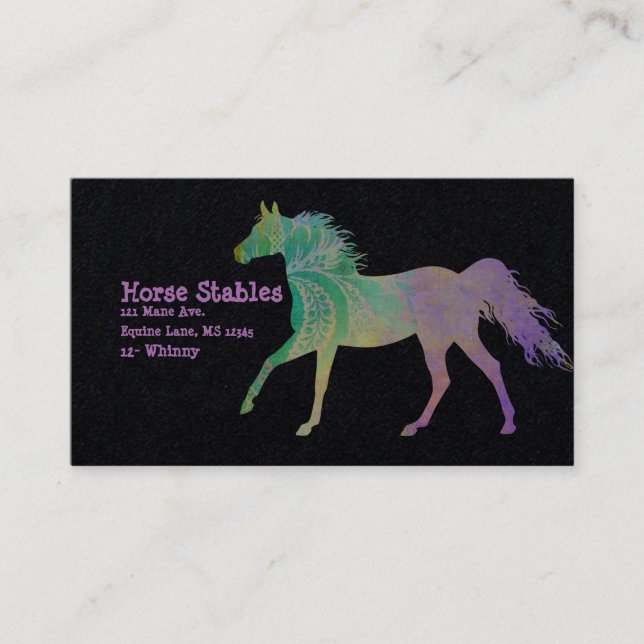 Artful Horse in Purple on Black Background Business Card (Front)