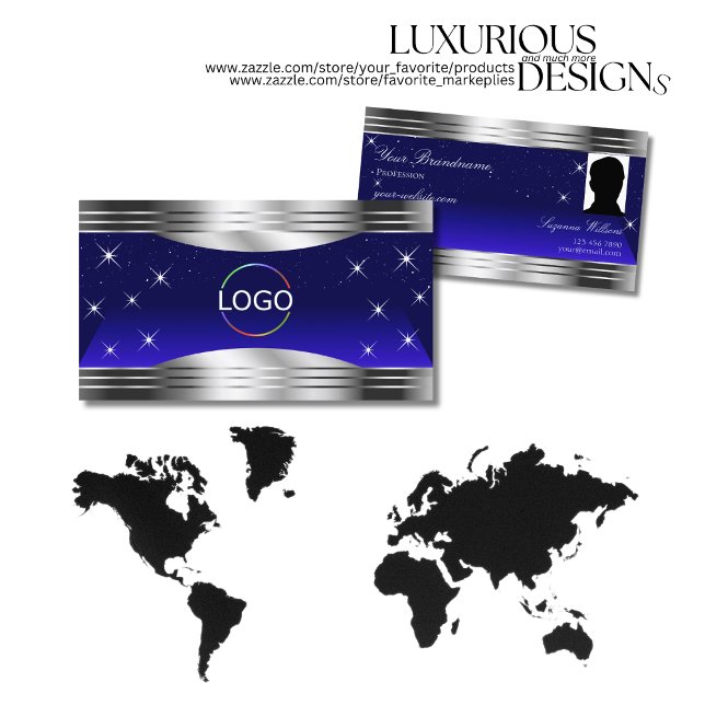 Artful Night Sky Blue Silver Border Logo and Photo Business Card (Creator Uploaded)