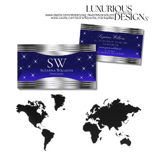 Artful Night Sky Blue Silver Borders with Monogram Business Card