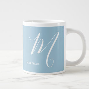 Artfully Monogrammed Script Letter M Soft Blue Large Coffee Mug