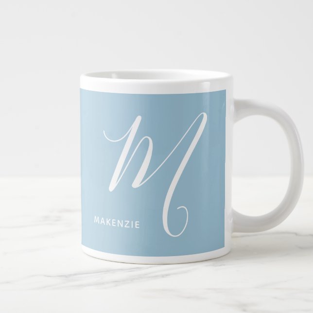 Artfully Monogrammed Script Letter M Soft Blue Large Coffee Mug (Right)