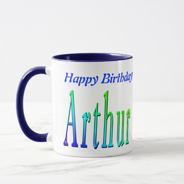 Arthur, Happy Birthday Logo Blue Combo Coffee Mug. Mug (Left)