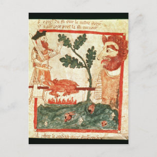 Arthur meets the giant roasting a pig on a postcard