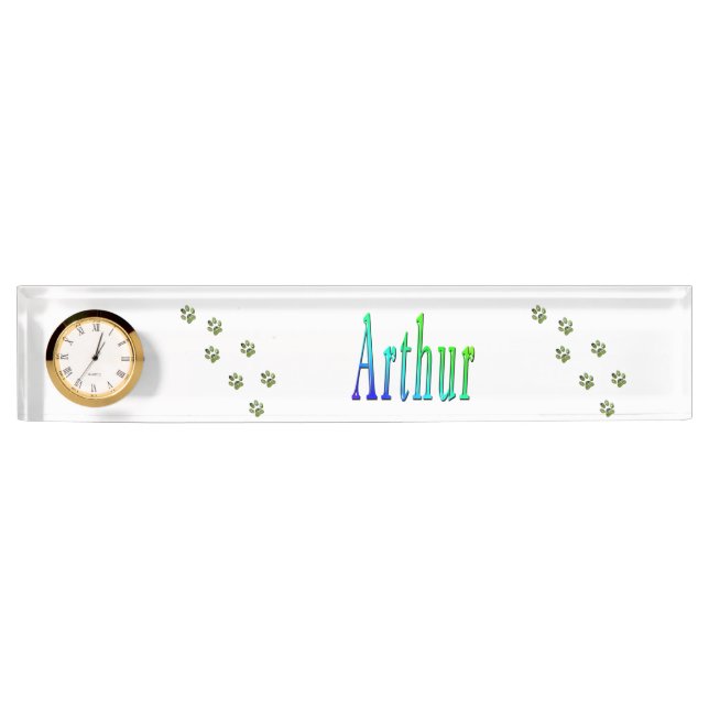 Arthur Name Logo With Paw Prints, Nameplate (Front)